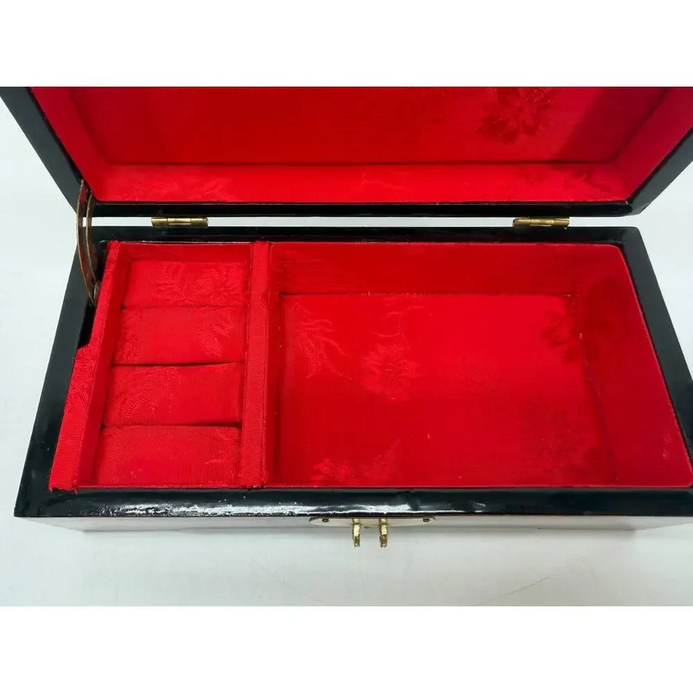 Chinese Carved Wood Jewelry Box Duck Lotus Red Silk Lined Brass Latch